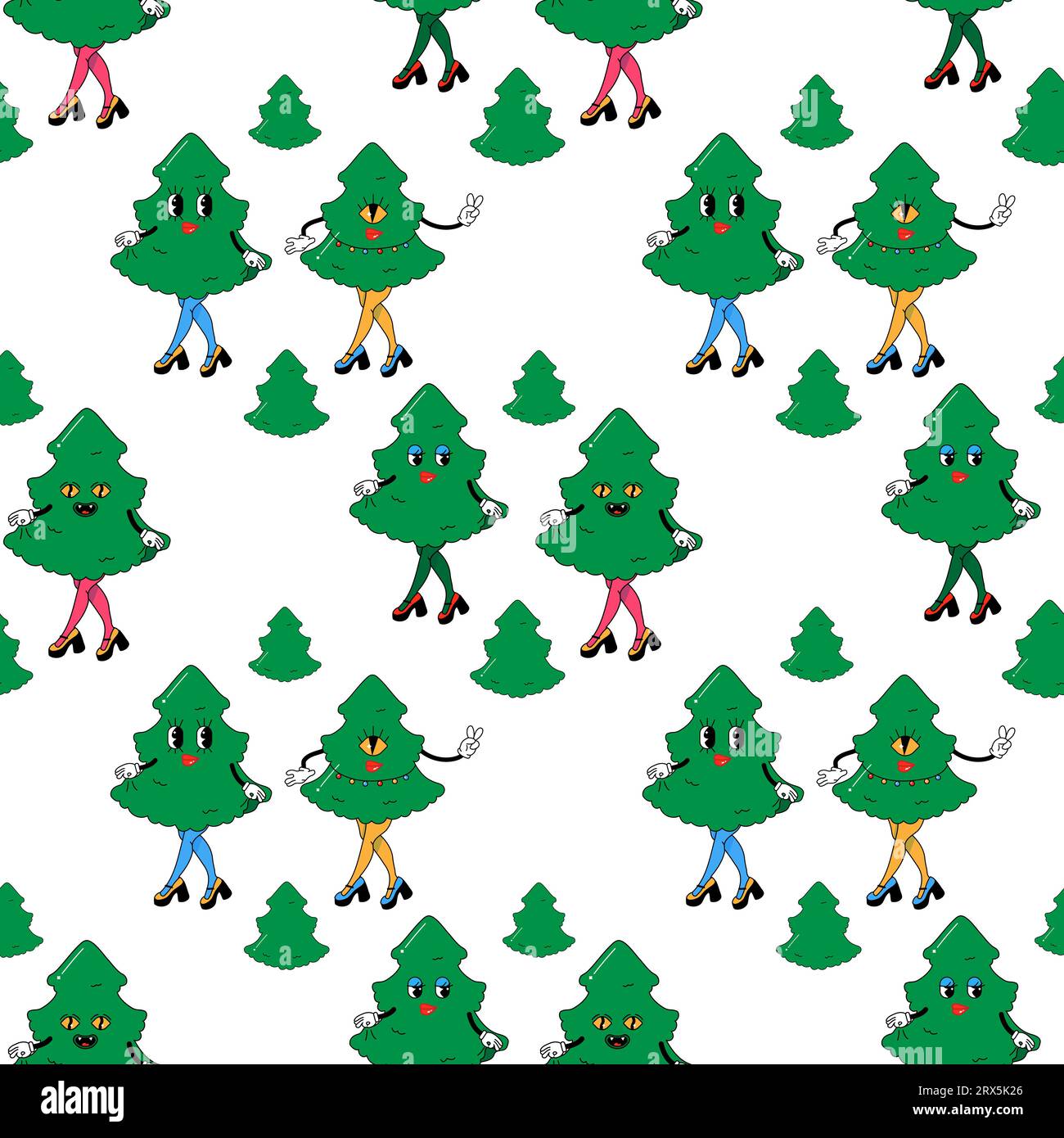 Christmas tree. In psychedelic groovy style. Seamless pattern on fabric, wrapping paper, bedding, clothing. Stock Vector