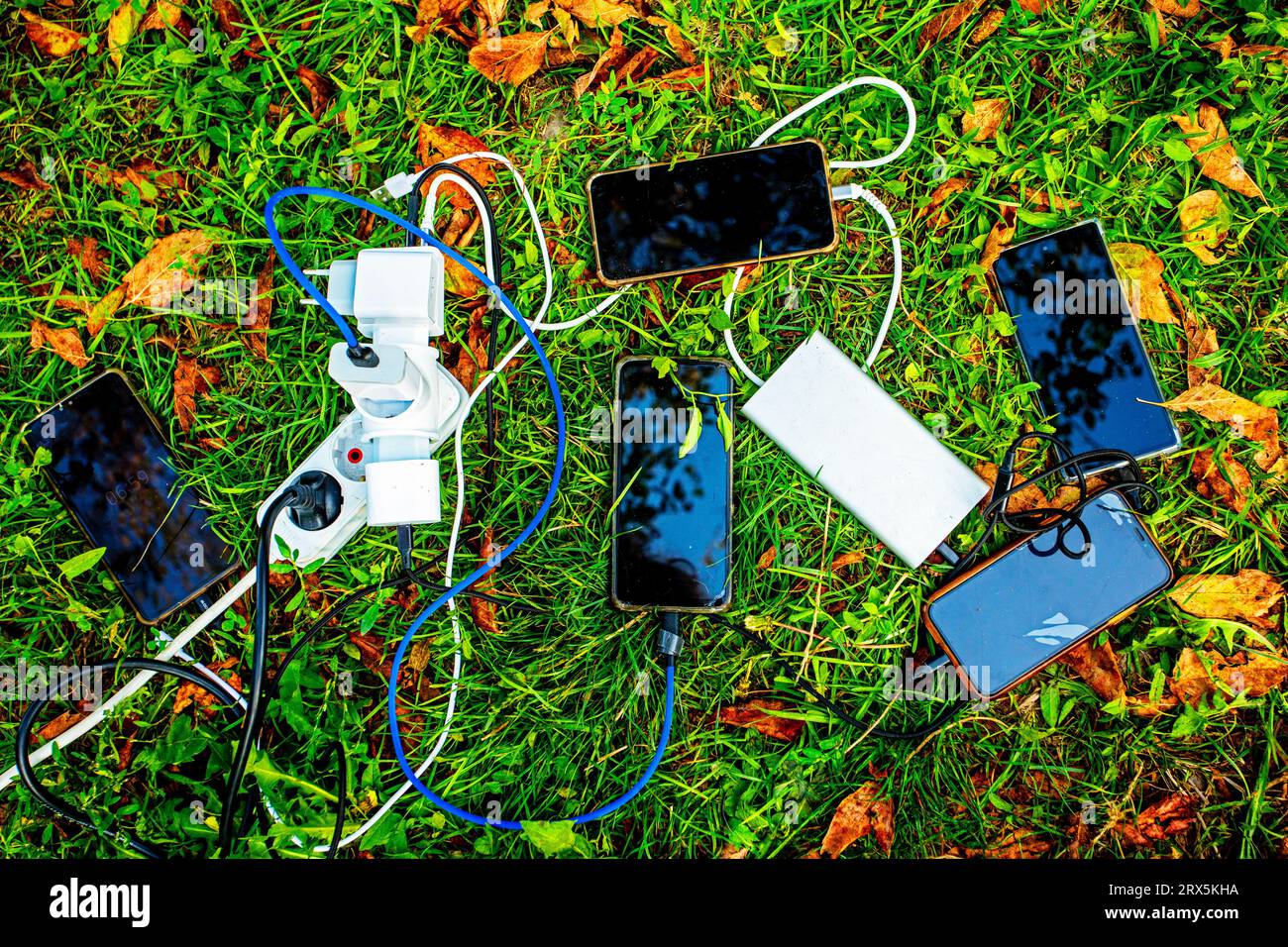 five smartphones charging from an outlet on the grass, flatlay. Family