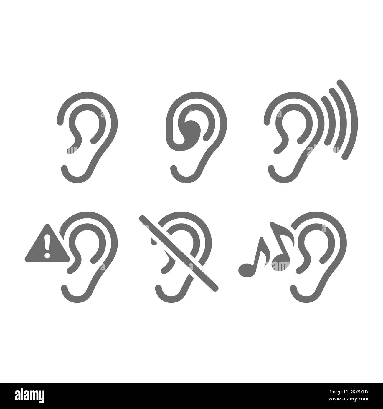 Ear and hearing aid vector icon set. Ears, deafness and listening symbol icons. Stock Vector
