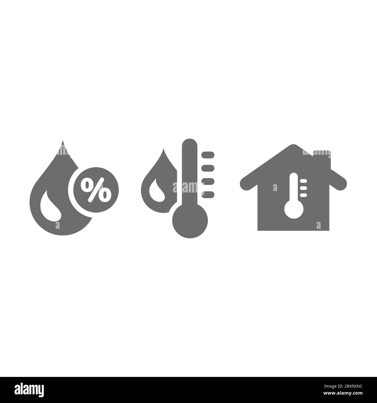 Humidity control with thermometer and home icons. Humidity percent with water drop icon set. Stock Vector