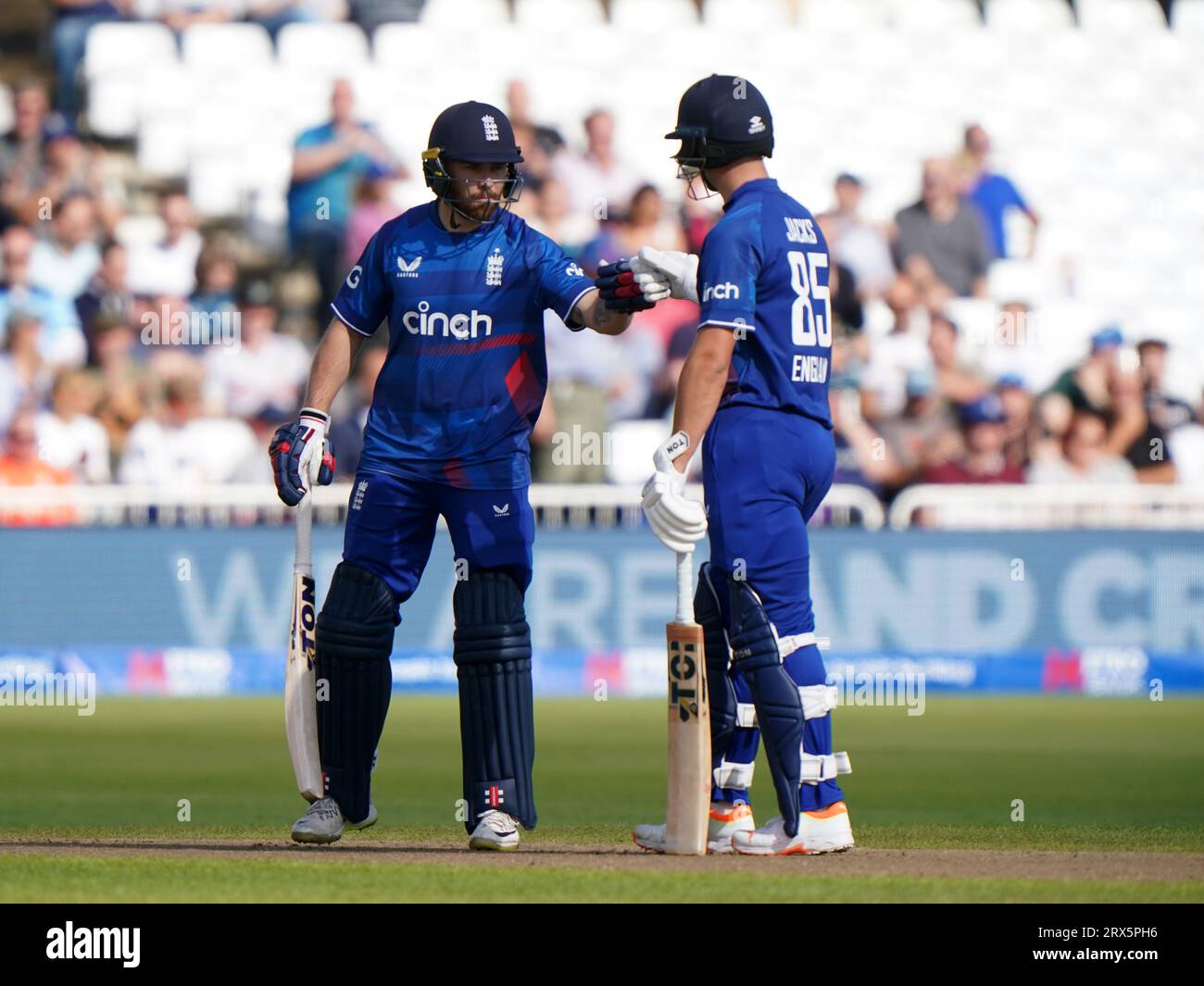 England's Will Jacks and Phil Salt celebrate 50 runs during the second Metro Bank One Day International match at Trent Bridge, Nottingham. Picture date: Saturday September 23, 2023. Stock Photo