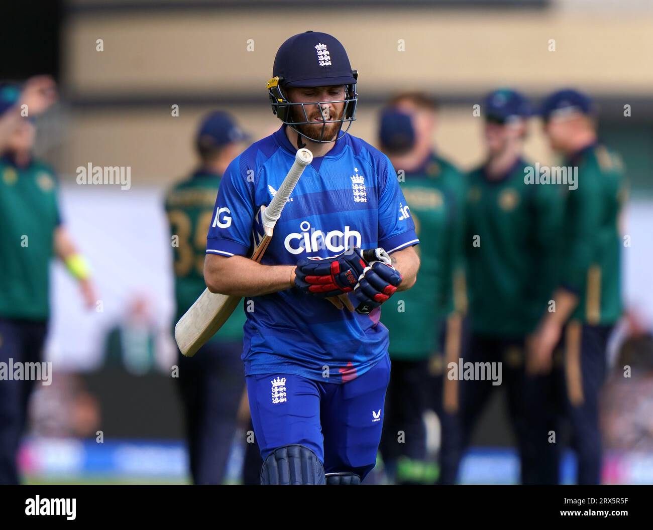 England's Phil Salt walks after being caught out by Ireland's Craig Young (not pictured) during the second Metro Bank One Day International match at Trent Bridge, Nottingham. Picture date: Saturday September 23, 2023. Stock Photo