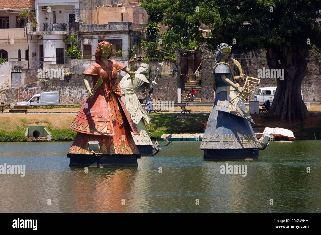 Orixa figures by Tati Moreno, Dique do Tororo Lake, Salvador de Bahia, Brazil Stock Photo