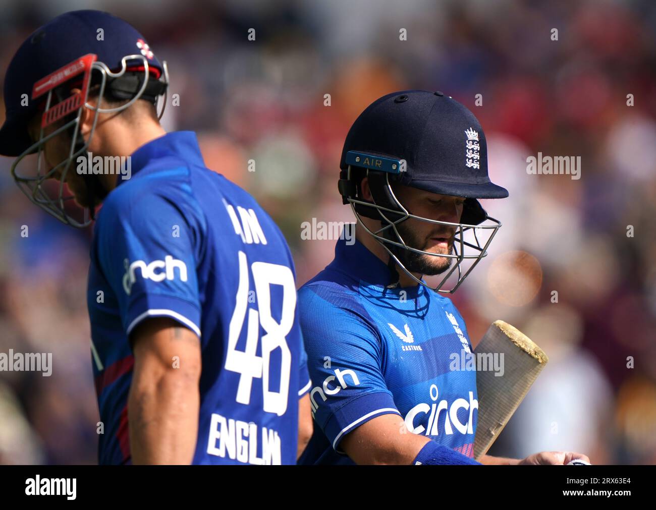 England's Ben Duckett (right) walks after being caught out by Ireland's Mark Adair (not pictured) during the second Metro Bank One Day International match at Trent Bridge, Nottingham. Picture date: Saturday September 23, 2023. Stock Photo