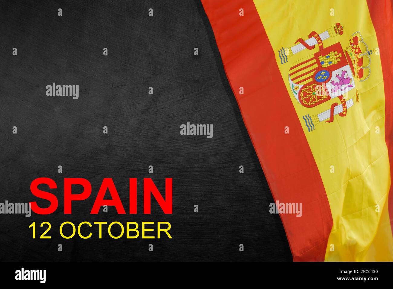 Spain national day, 12 de Octubre, fiesta nacional de Espana, bent waving ribbon in colors of the Spain national flag. Celebration background. Stock Photo