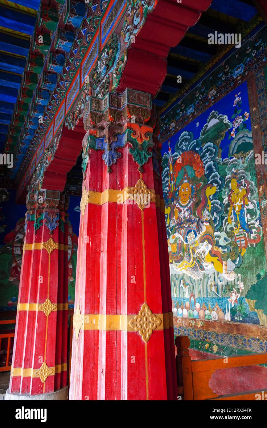 Painted pillars of Jokhang in the Tibetan Scenic Area of China Ethnic Museum Stock Photo