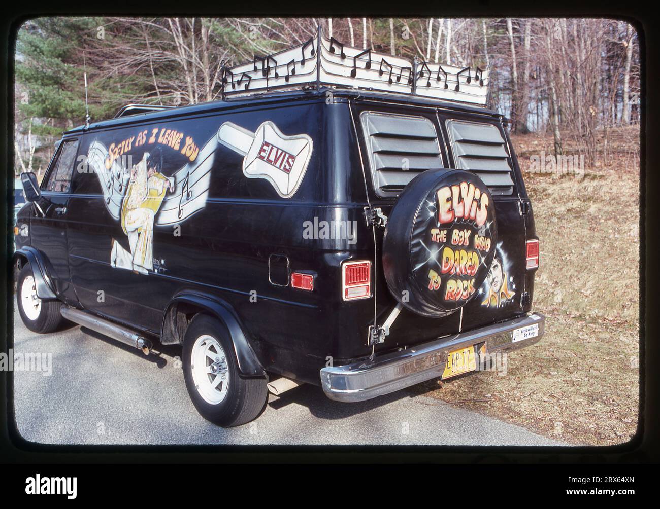 An Elvis van designed and owned by an Elvis impersonator. Parked in Central Park in 1978. Stock Photo