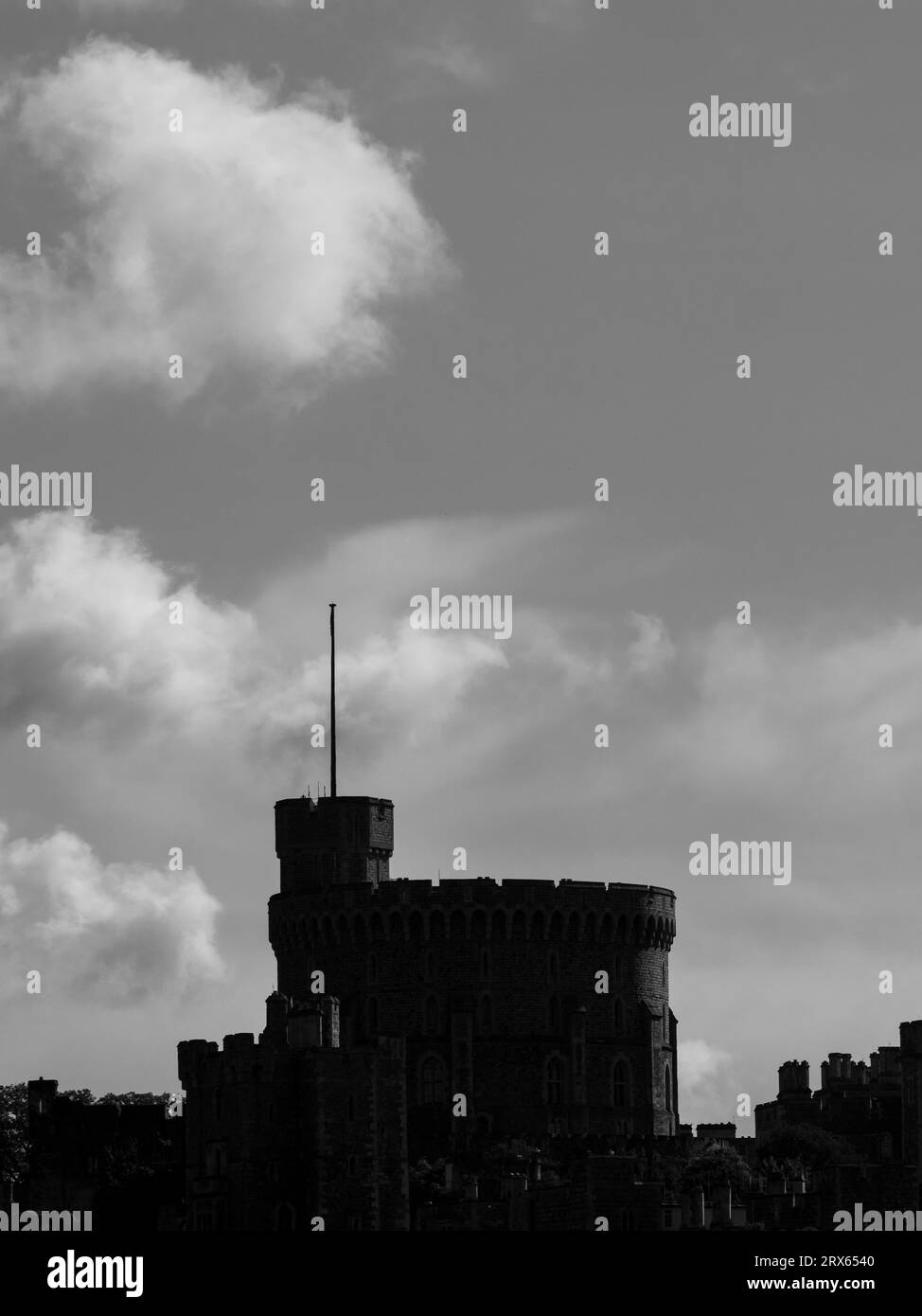 B&W, The Round Tower, Windsor Castle, Windsor, Berkshire, England, UK, GB. Stock Photo