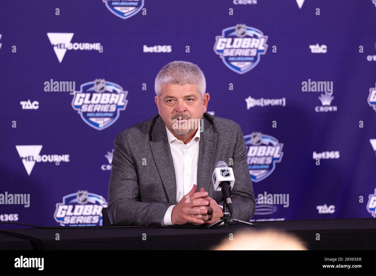 Melbourne, Australia, 23 September, 2023. Los Angeles Kings Head Coach Todd McLellan speaks at the press conference during the NHL Global Series match between The Los Angeles Kings and The Arizona Coyotes at Rod Laver Arena on September 23, 2023 in Melbourne, Australia. Credit: Dave Hewison/Speed Media/Alamy Live News Stock Photo