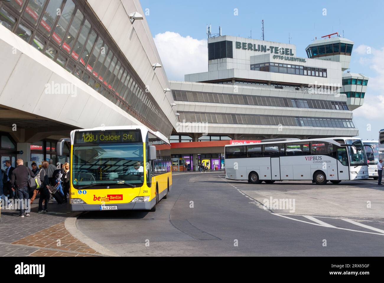 Coaches in front of the terminal building at Tegel airport, Berlin, Germany Stock Photo