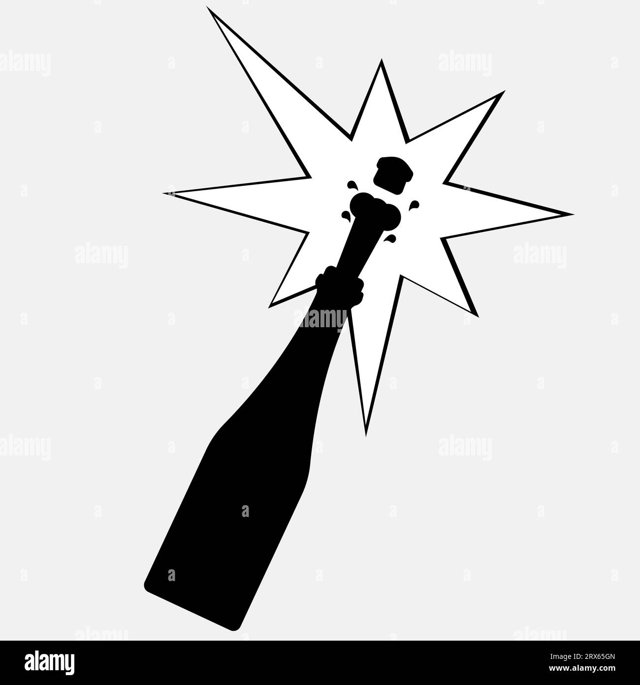 Champagne explosion with cork. Silhouette of open champagne bottle with popping cork. Vector illustration. Stock Vector