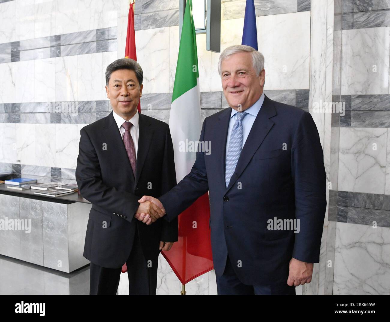 Rome, Italy. 22nd Sep, 2023. Chen Wenqing, a member of the Political Bureau of the Communist Party of China (CPC) Central Committee and head of the Commission for Political and Legal Affairs of the CPC Central Committee, meets with Italian Deputy Prime Minister and Minister of Foreign Affairs Antonio Tajani in Rome, Italy, Sept. 22, 2023. Credit: Jin Mamengni/Xinhua/Alamy Live News Stock Photo