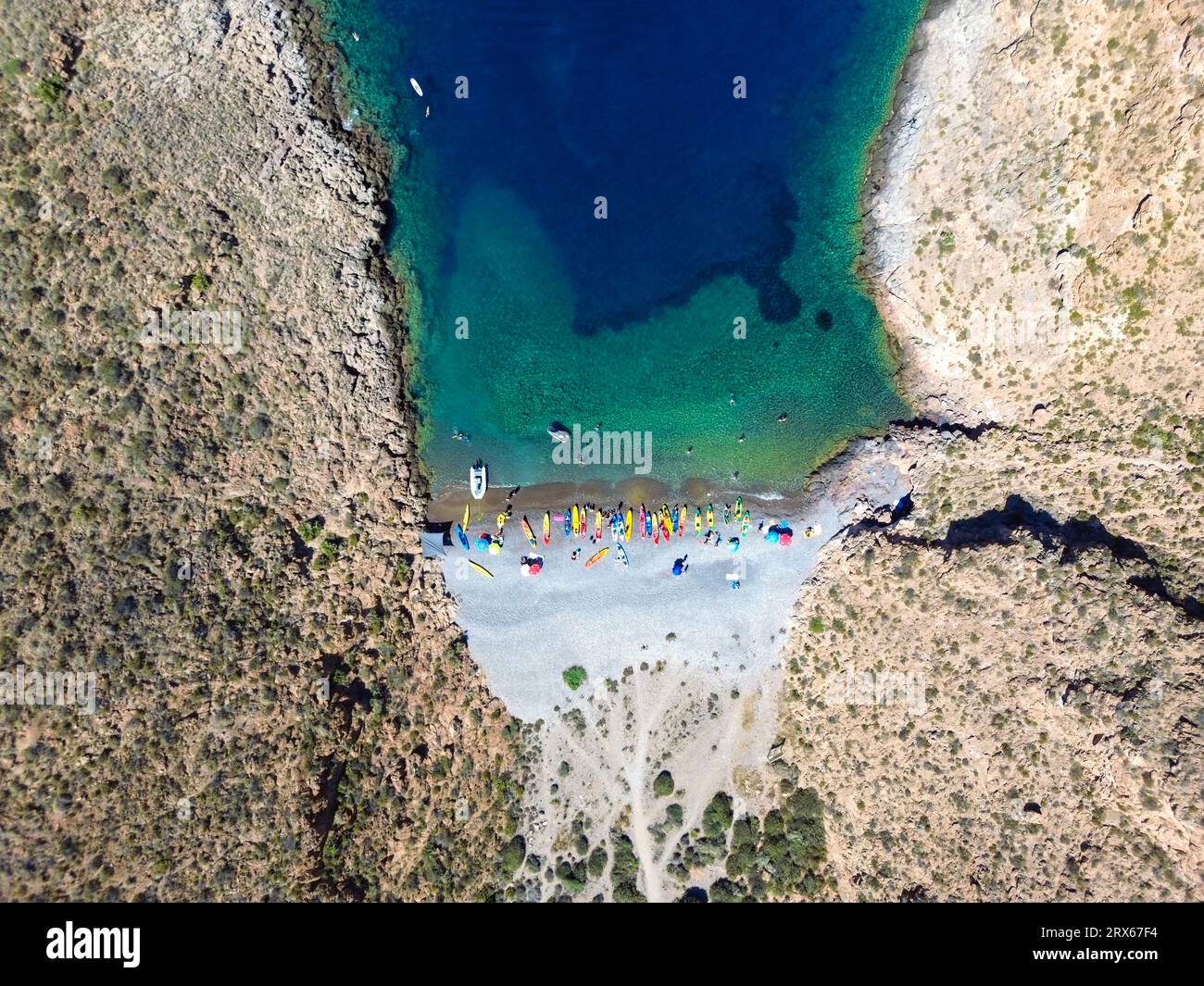 Spain, Murcia, La Azohia, Aerial view of Cala Cerrada beach in summer Stock Photo
