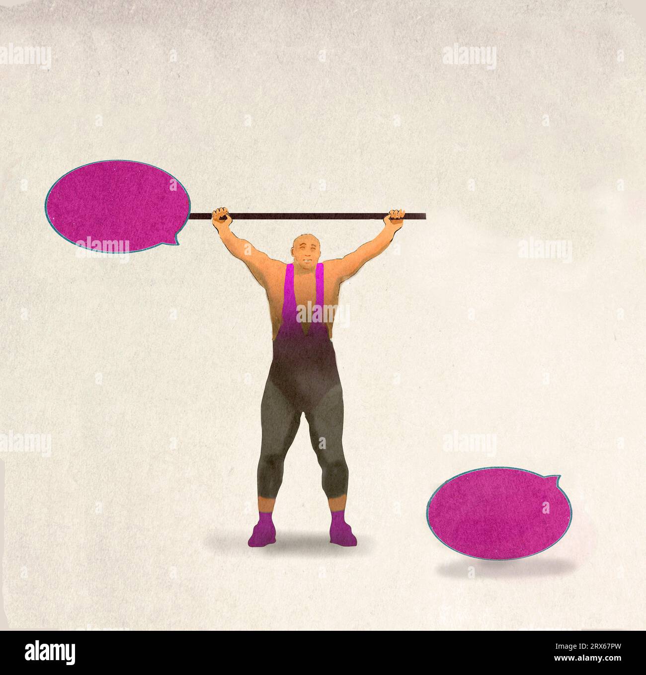 Illustration of strongman lifting barbell made of speech bubbles with one end broken off Stock Photo