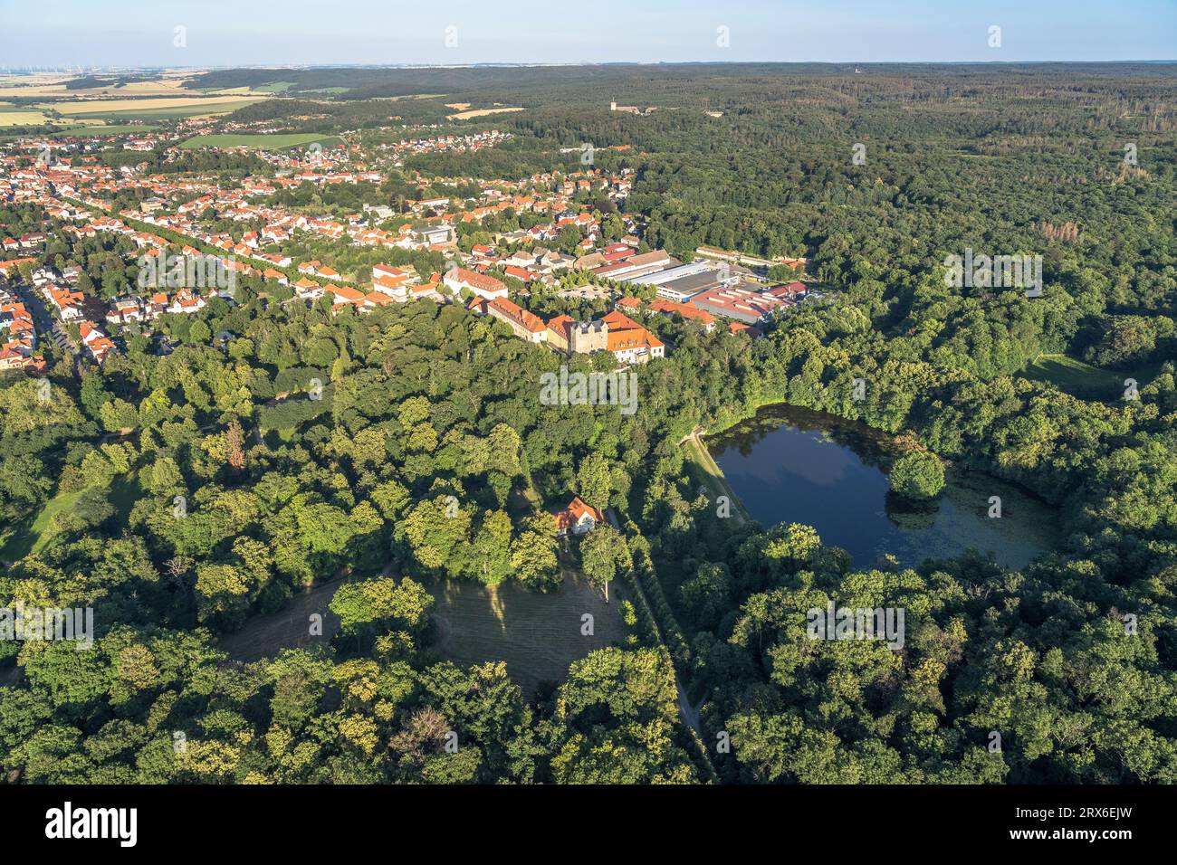Germany, Saxony-Anhalt, Ballenstedt, Aerial view of lake in front of Ballenstedt Castle Stock Photo