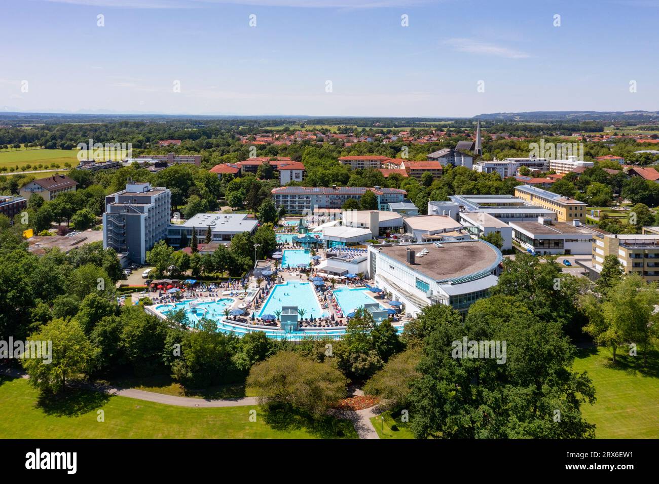Germany, Bavaria, Bad Fussing, Drone view of Europa Therme spa Stock Photo