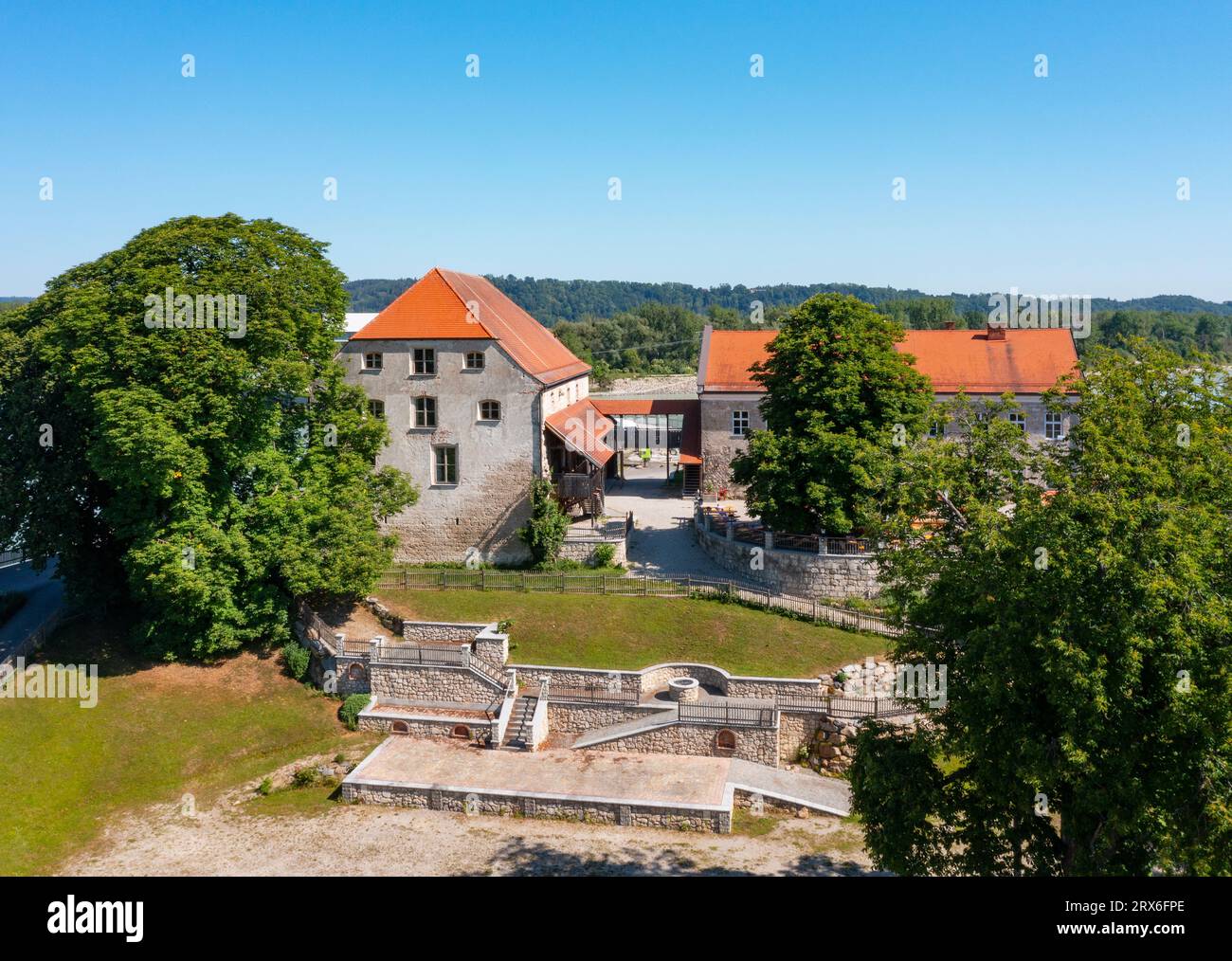 Austria, Upper Austria, Mining, Drone view of Frauenstein Castle in summer Stock Photo
