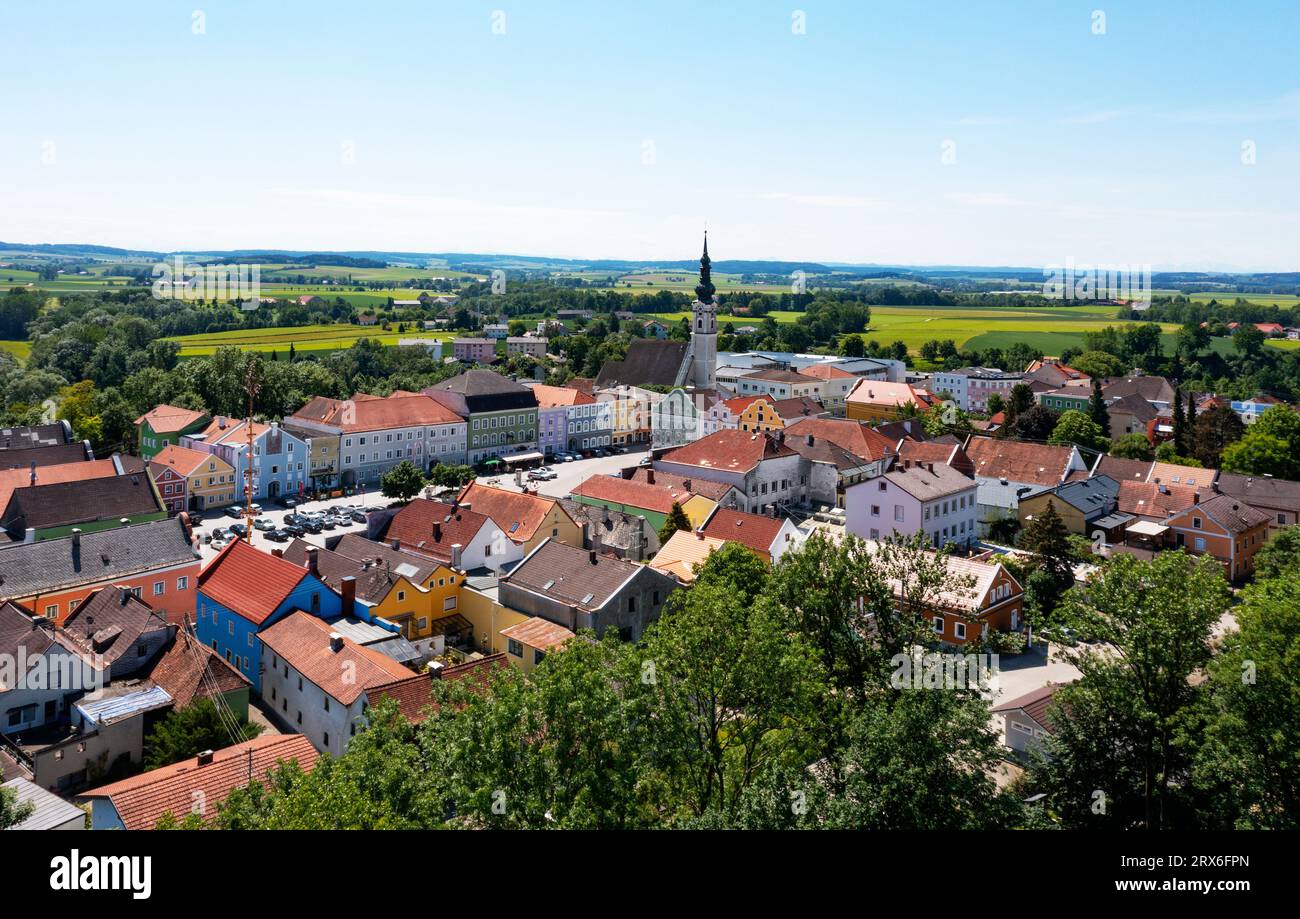 Austria, Upper Austria, Obernberg am Inn, Drone view of rural town in summer Stock Photo