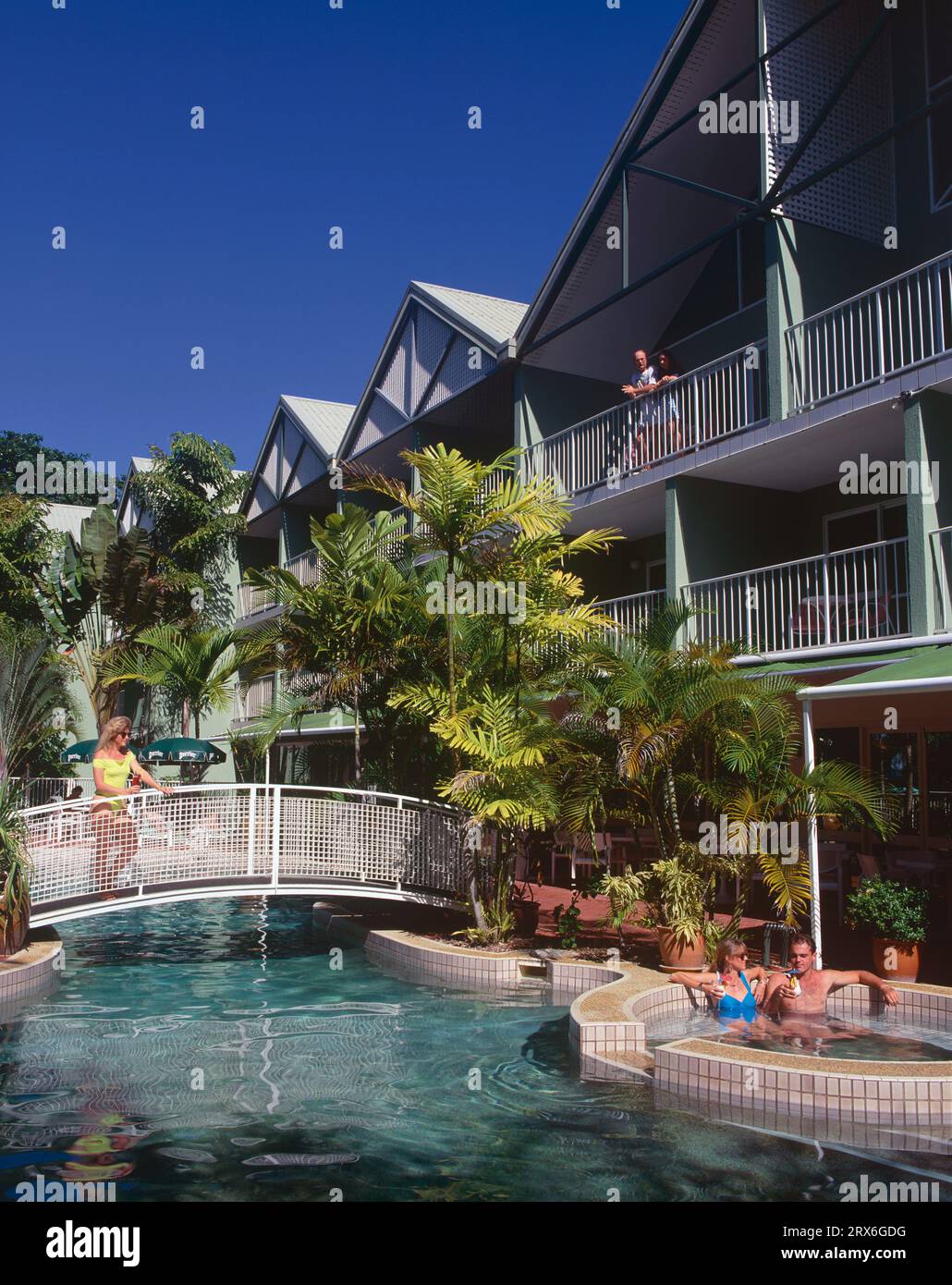 Australia. Queensland. Mission Beach. People relaxing at Castaway's Resort. Stock Photo