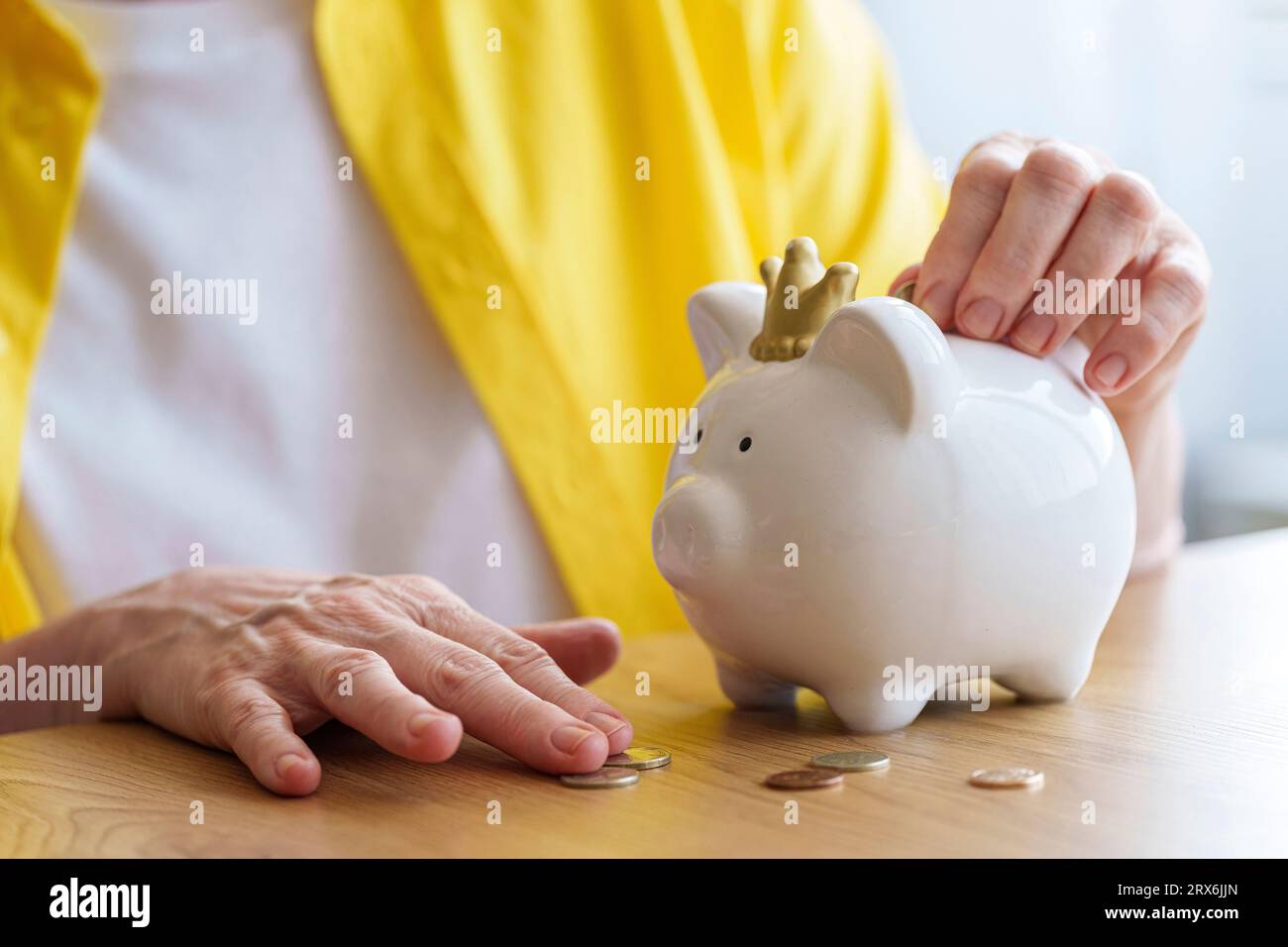 Hands of senior woman saving money in piggy bank Stock Photo