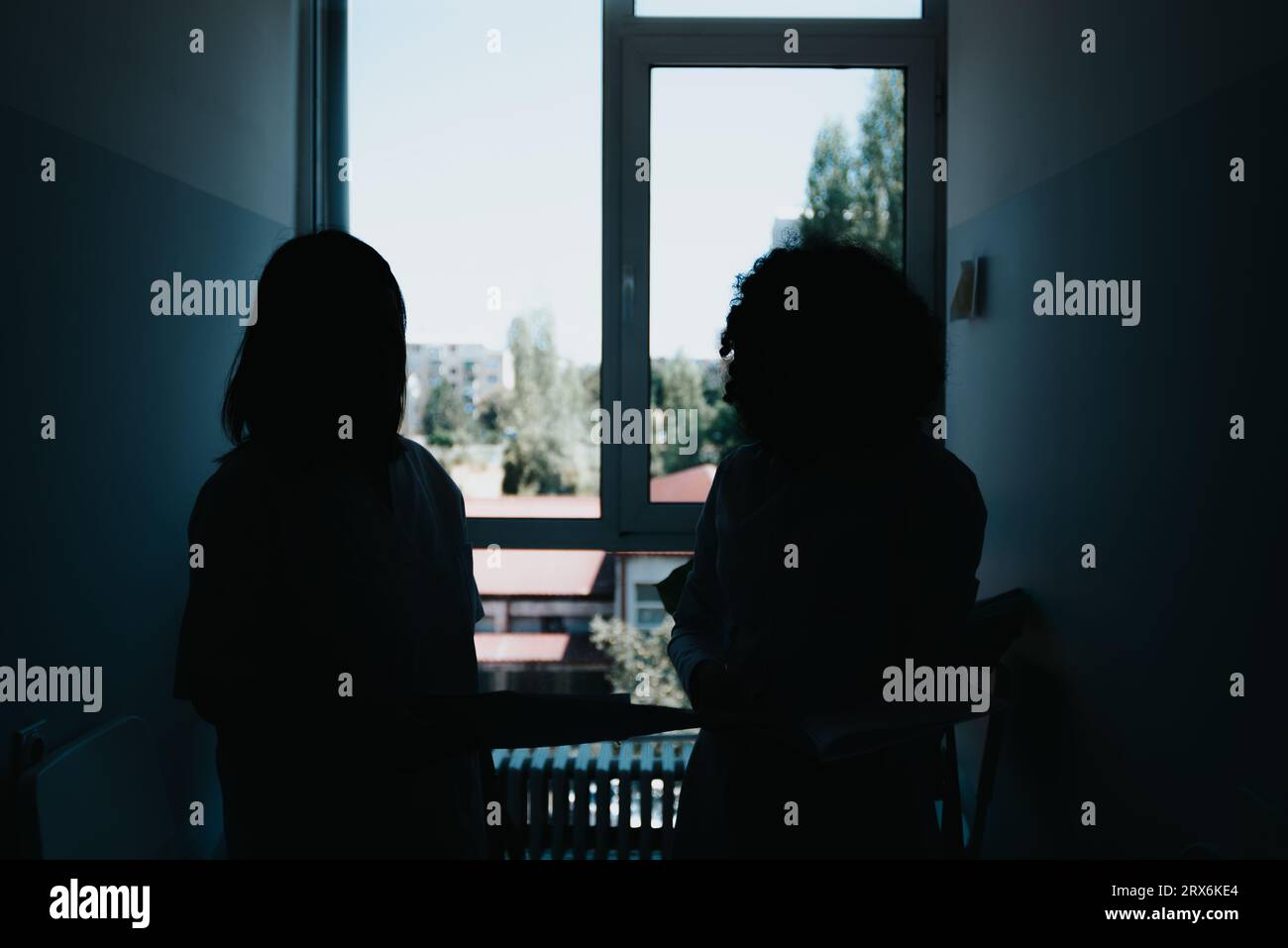 Successful Healthcare Professionals Discussing Patients Results in Modern Hospital. Silhouette. Stock Photo