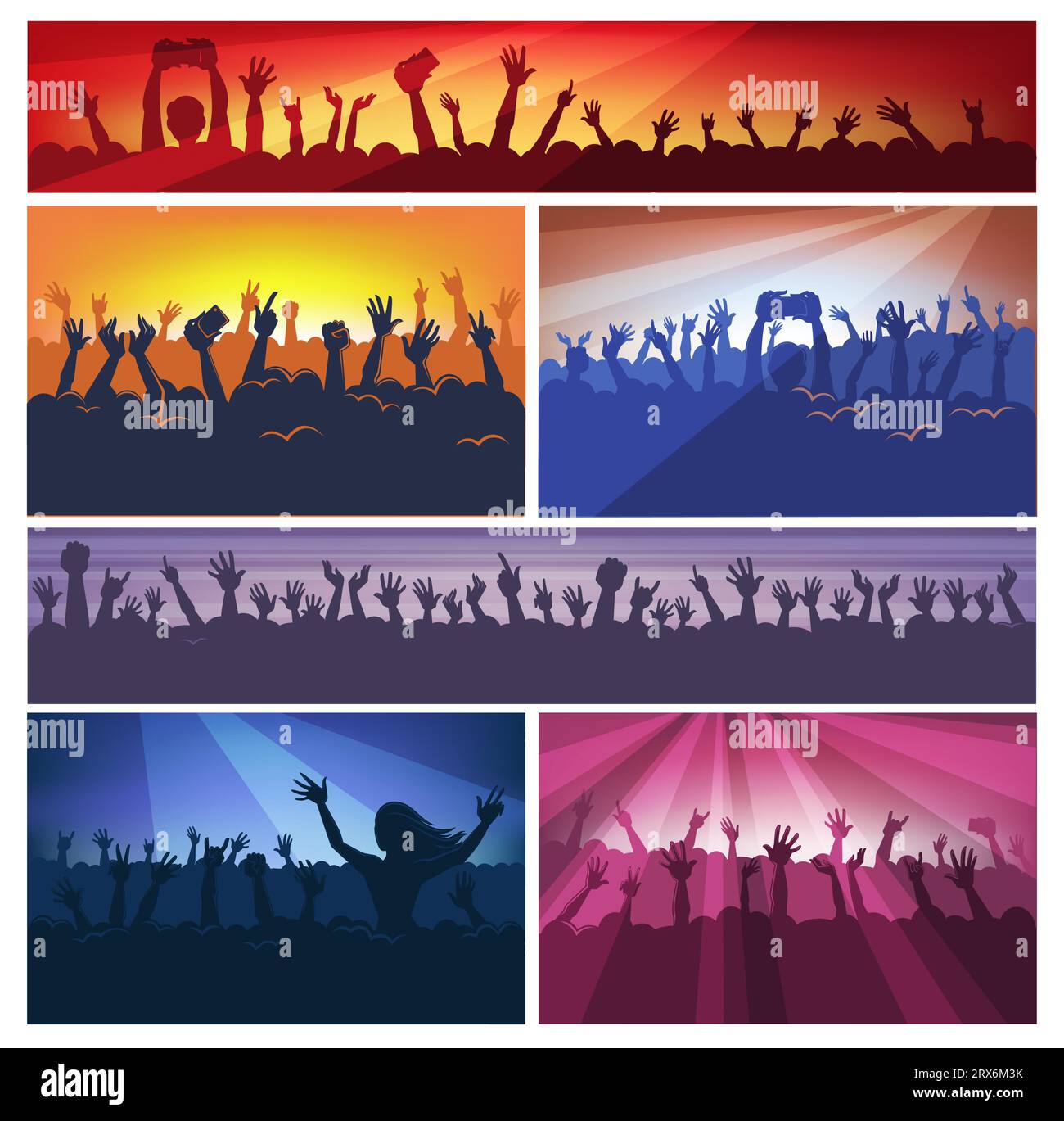 Crowd holding hands, silhouette on music concert Stock Vector