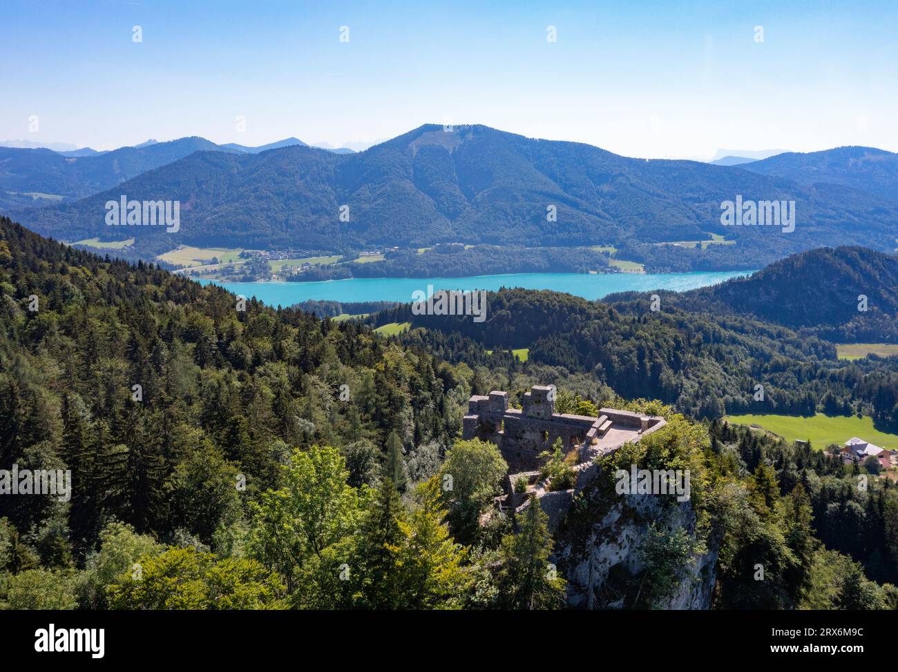 Austria, Upper Austria, Drone view of ruins of Wartenfels castle in summer Stock Photo