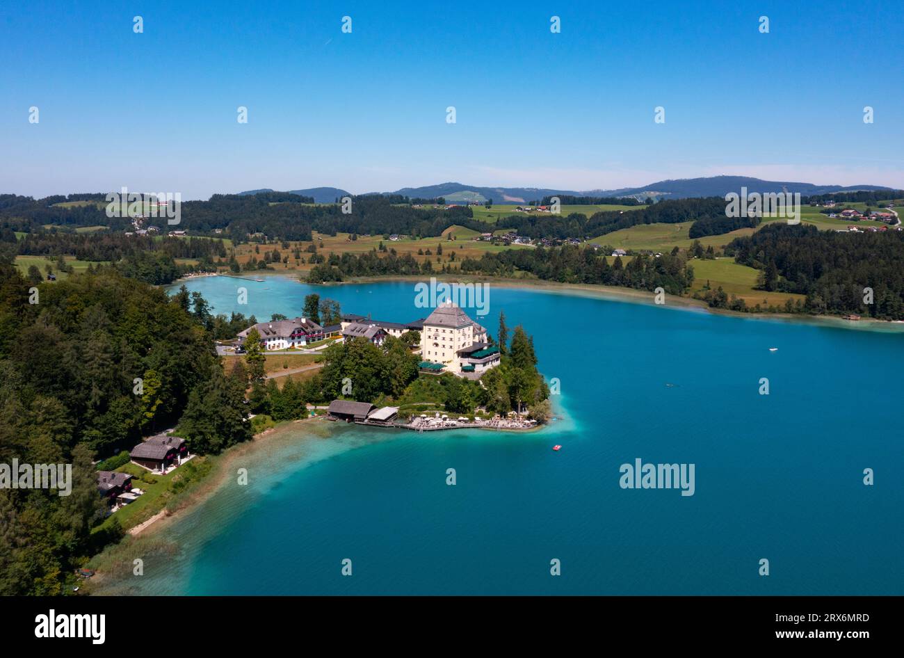 Austria, Salzburger Land, Fuschl am See, Drone view of Fuschl Lake and Schloss Fuschl in summer Stock Photo