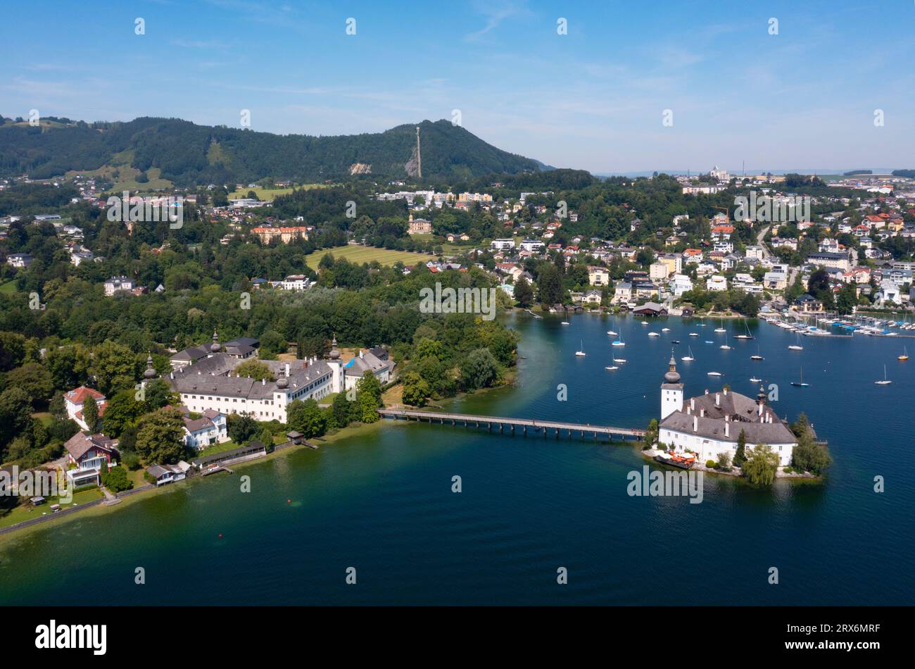 Austria, Upper Austria, Gmunden, Drone view of Toscanapark and Schloss Ort in summer Stock Photo