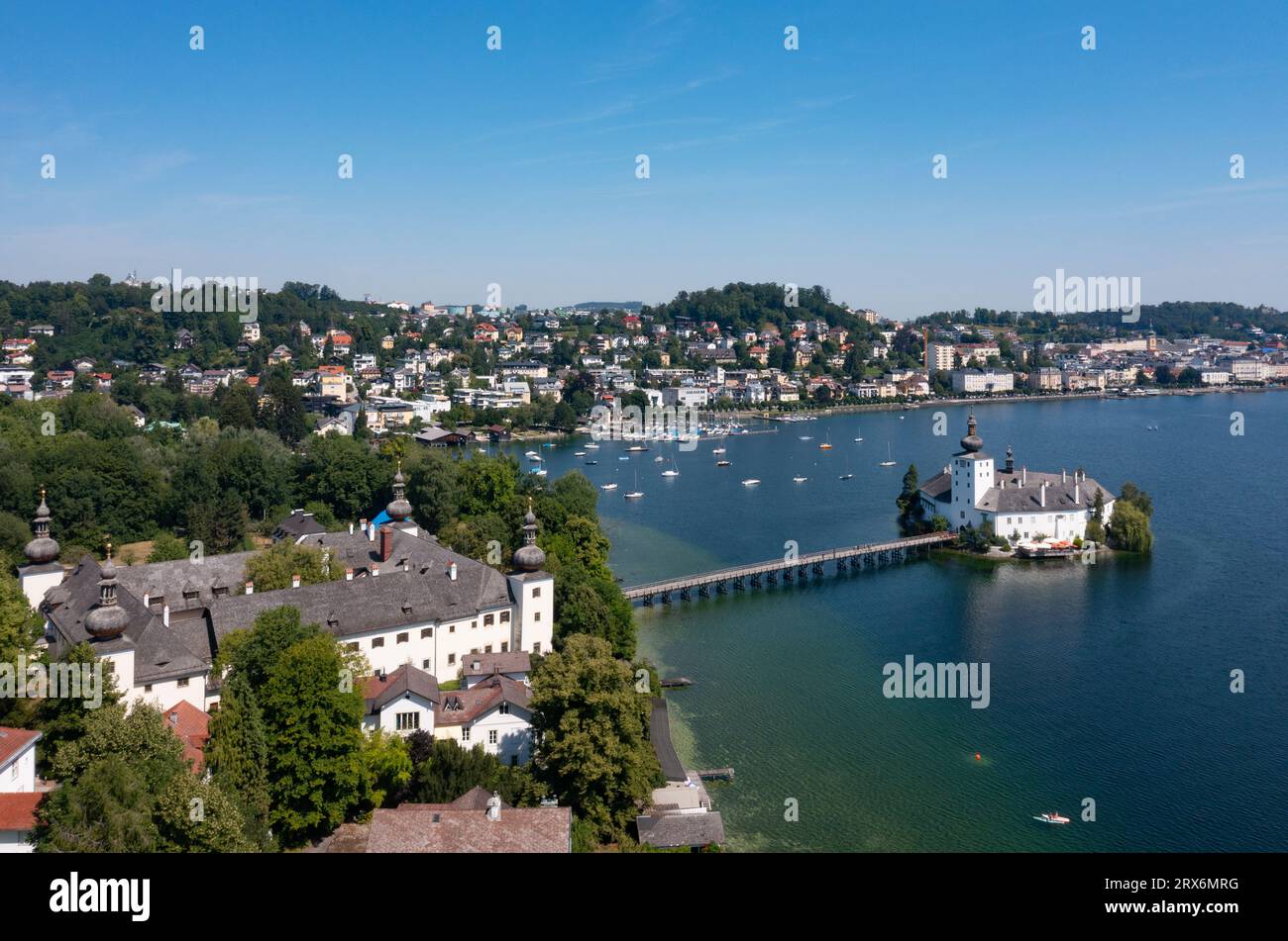 Austria, Upper Austria, Gmunden, Drone view of Toscanapark and Schloss Ort in summer Stock Photo