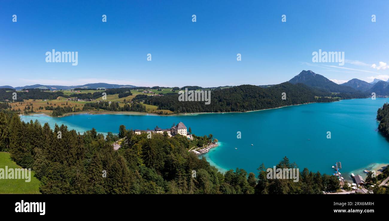 Austria, Salzburger Land, Fuschl am See, Drone panorama of Fuschl Lake in summer Stock Photo