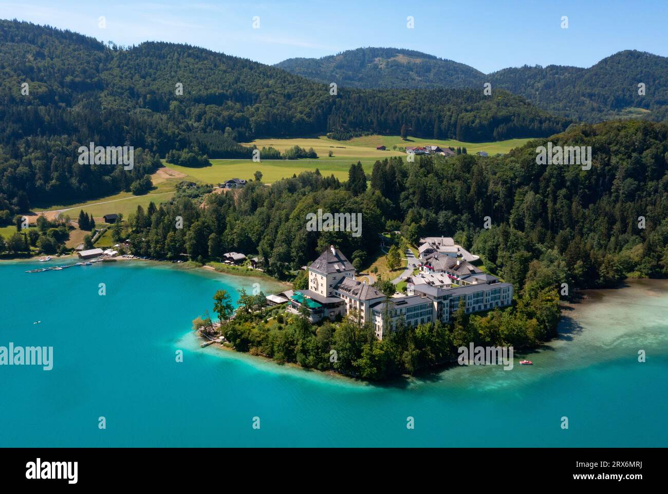 Austria, Salzburger Land, Fuschl am See, Drone view of Fuschl Lake and Schloss Fuschl in summer Stock Photo