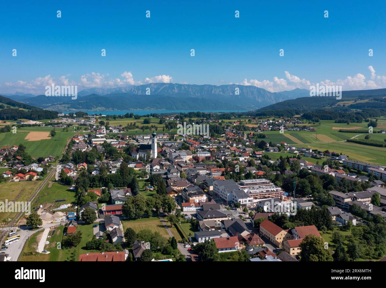 Austria, Upper Austria, Saint Georgen im Attergau, Drone view of rural town in summer Stock Photo