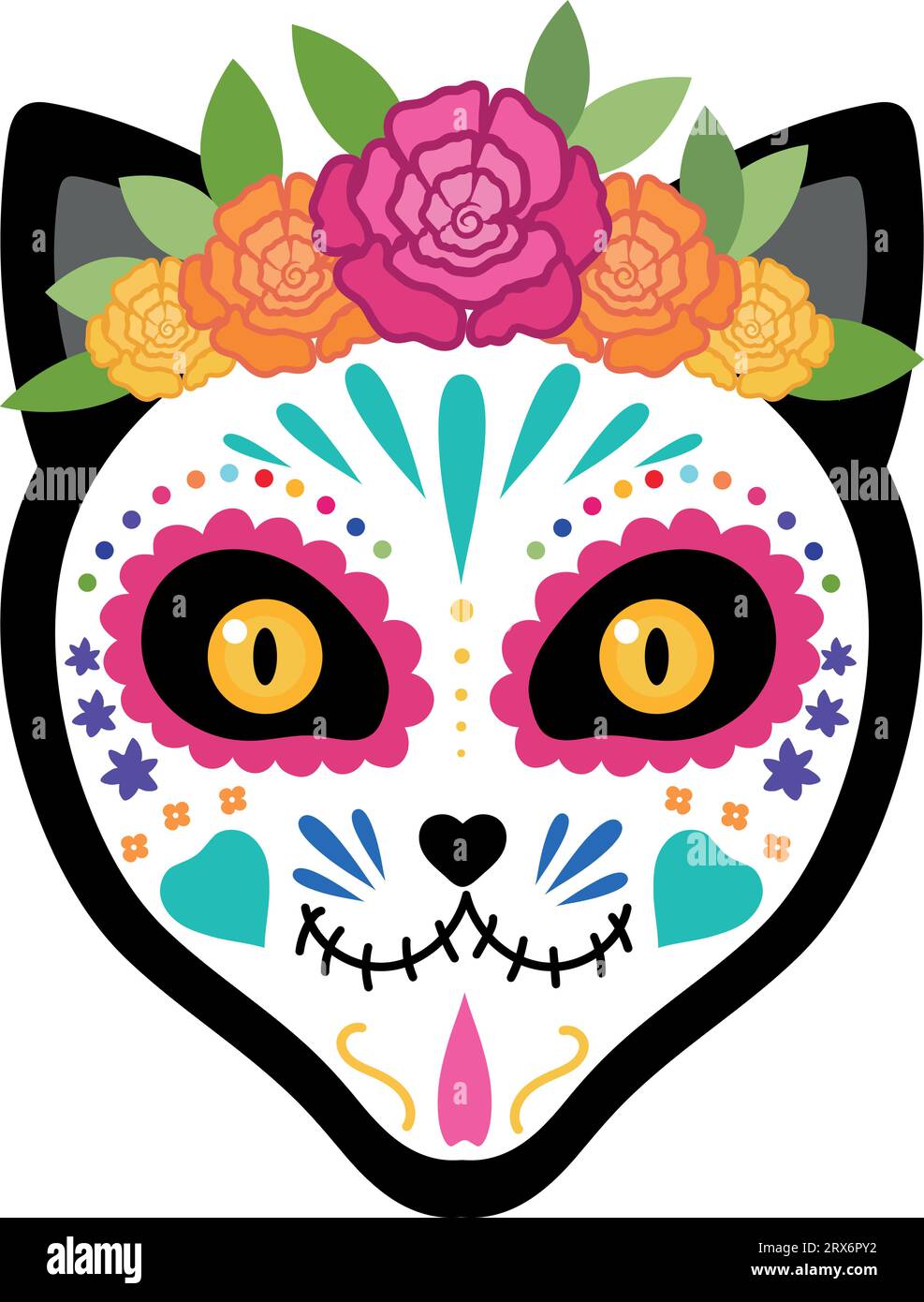 Cat face with a colorful makeup of sugar skull and floral wreath. Day of the Dead celebration. Dia de los Muertos. Vector illustration Stock Vector