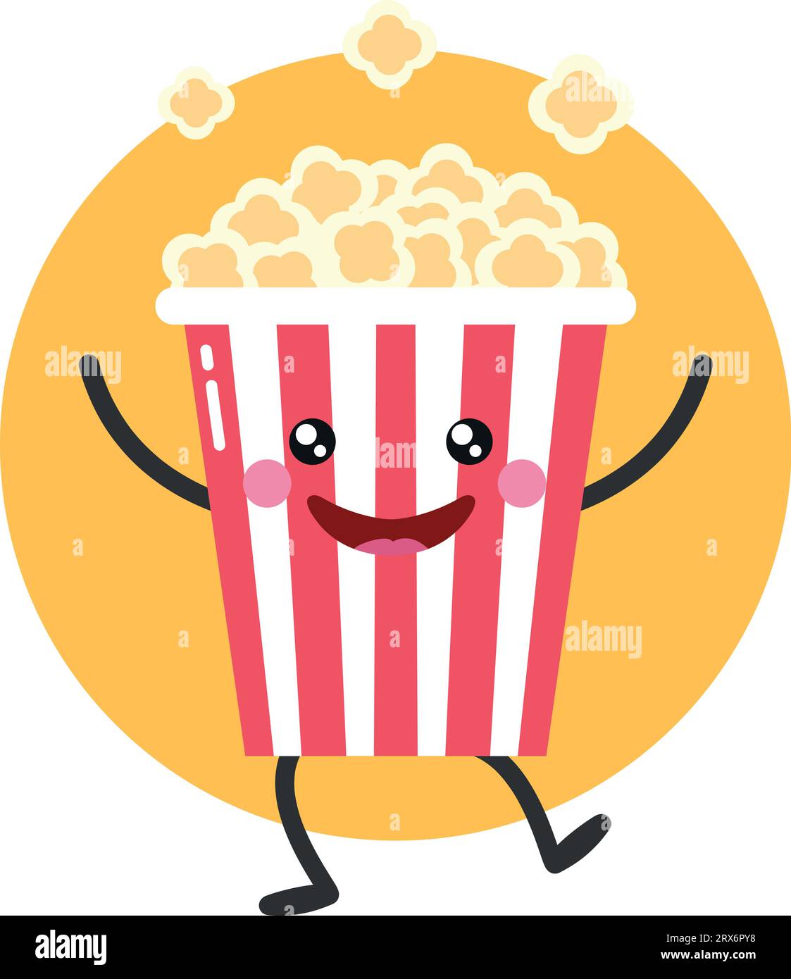 Cute cartoon popcorn character on yellow background. Popcorn dancing