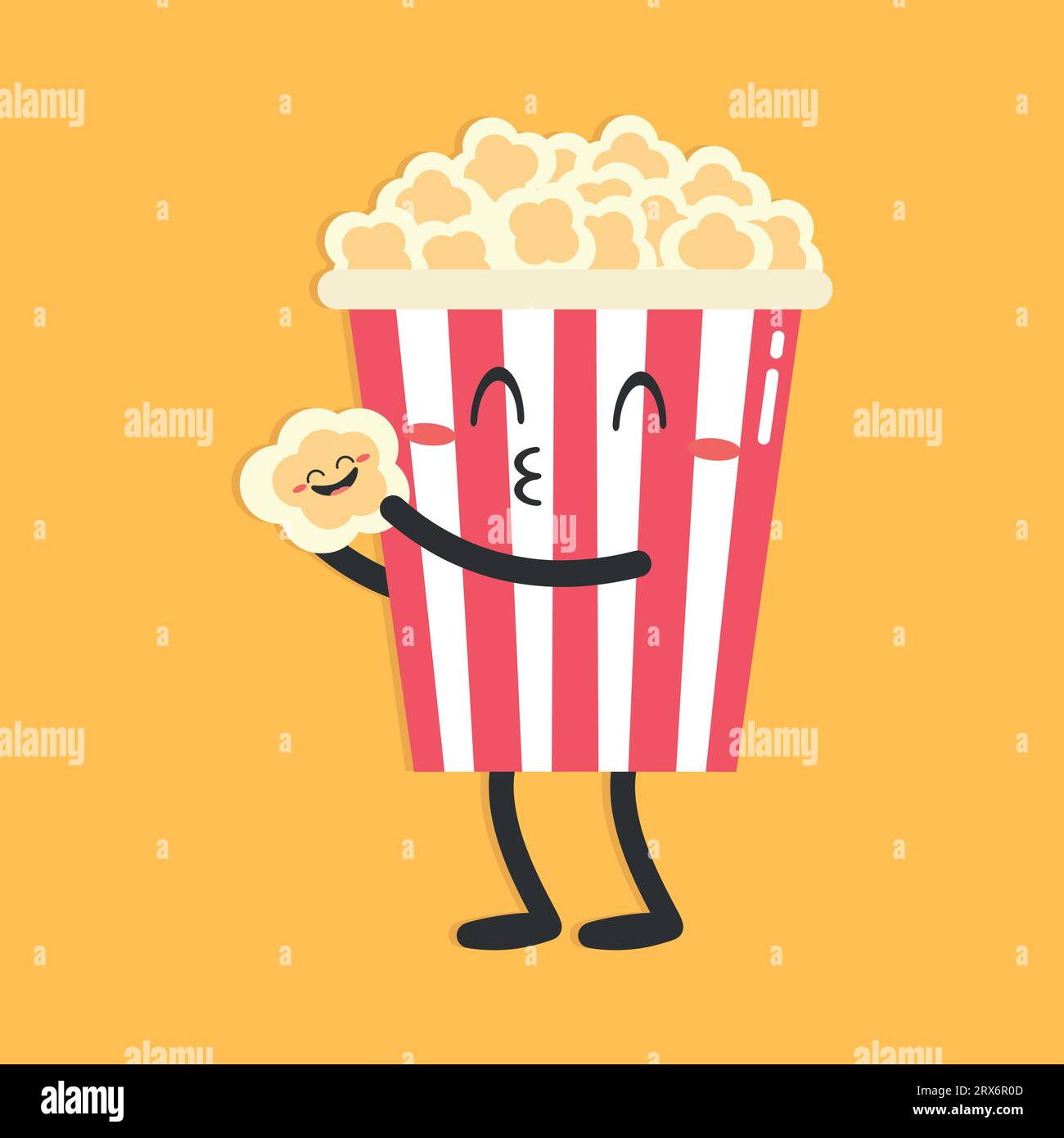 Cute cartoon popcorn character on yellow background. Popcorn kissing a