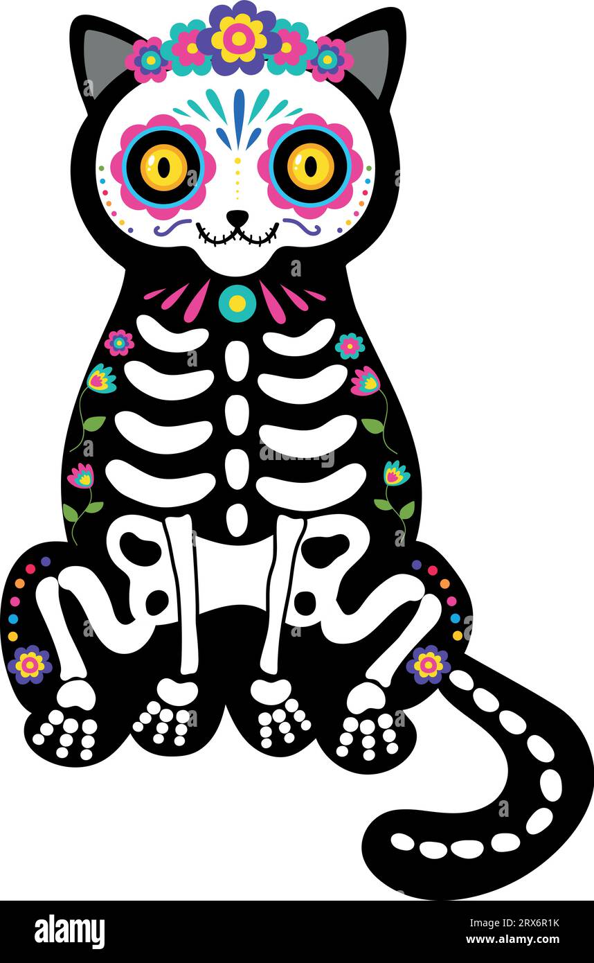 Skeleton cat with a colorful makeup of sugar skull and floral wreath. Day of the Dead celebration. Dia de los Muertos. Vector illustration Stock Vector