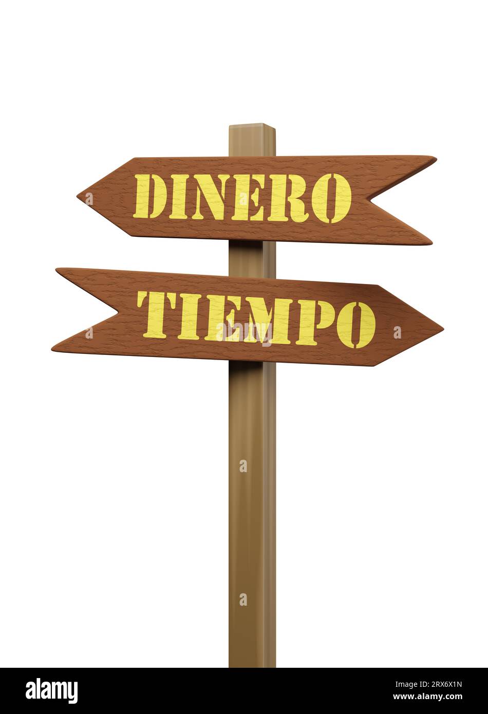 Signpost with the words time and money in spanish isolated on white background. . 3d illustration. Stock Photo