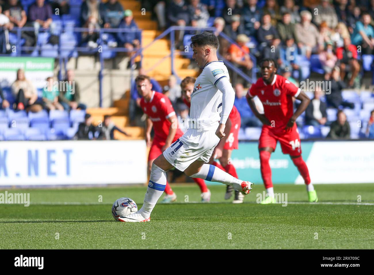 Birkenhead, UK. 23rd Sep, 2023. Josh Hawkes of Tranmere Rovers scores his teams 1st goal from the penalty spot. EFL Skybet Football league two match, Tranmere Rovers v Accrington Stanley at Prenton Park, Birkenhead, Wirral on Saturday 23rd September 2023. this image may only be used for Editorial purposes. Editorial use only, .pic by Chris Stading/ Credit: Andrew Orchard sports photography/Alamy Live News Stock Photo