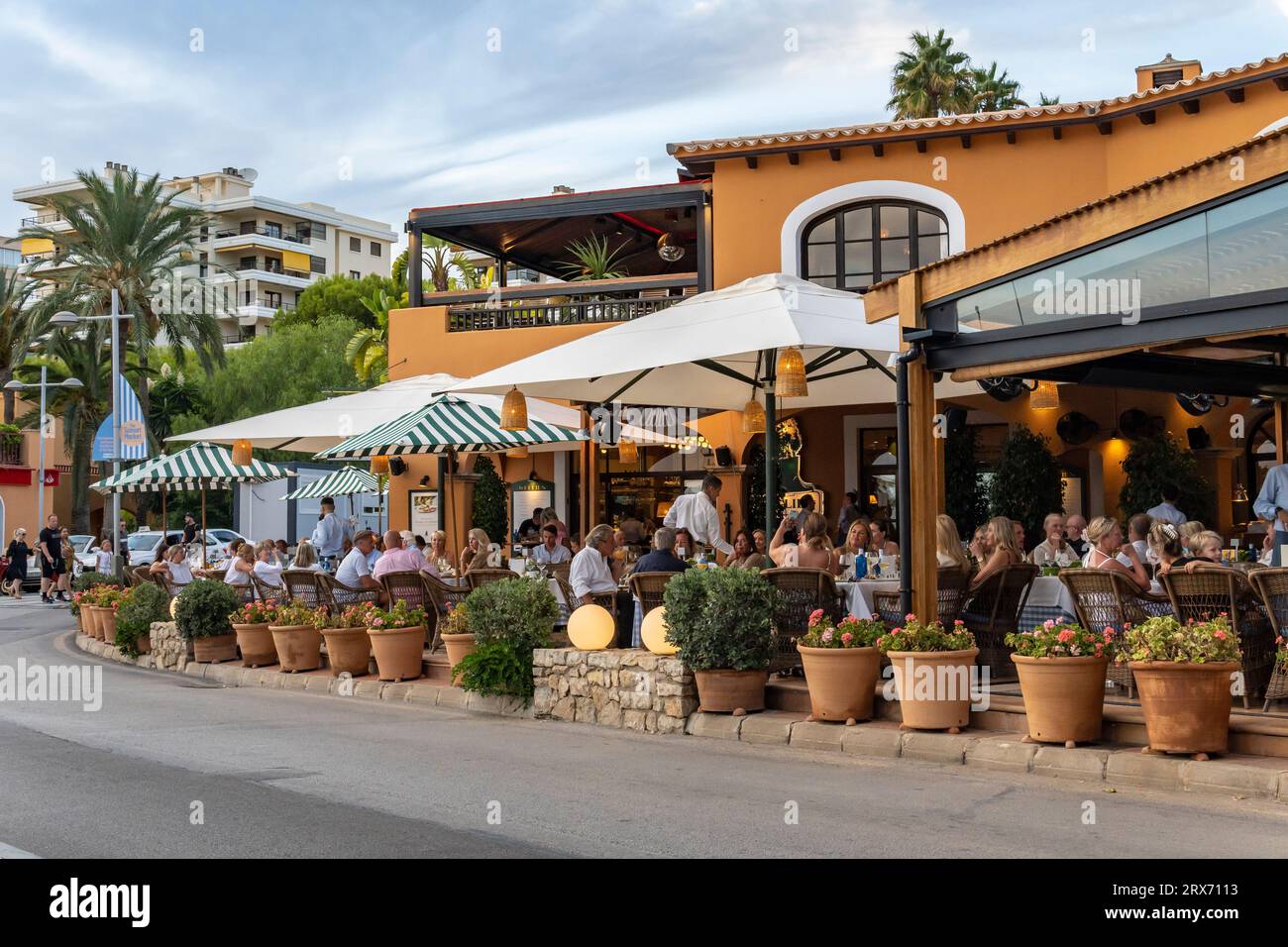 Palma de Mallorca, Spain; september 01 2023: General view of the marina in the tourist resort of Puerto Portals, island of Mallorca, Spain. Terrace wi Stock Photo