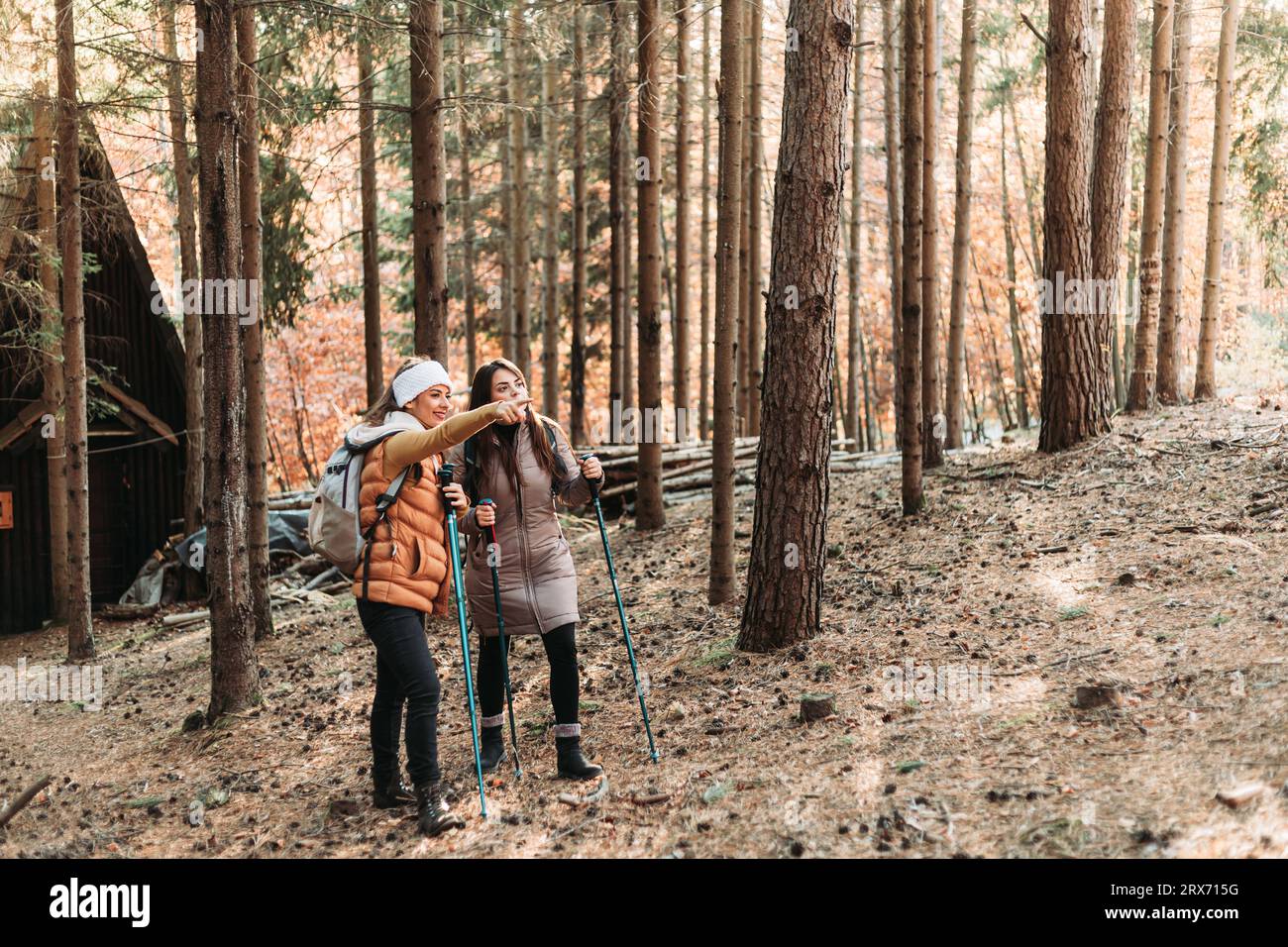 Two girls climbing up the hill together. Autumn colors Stock Photo - Alamy