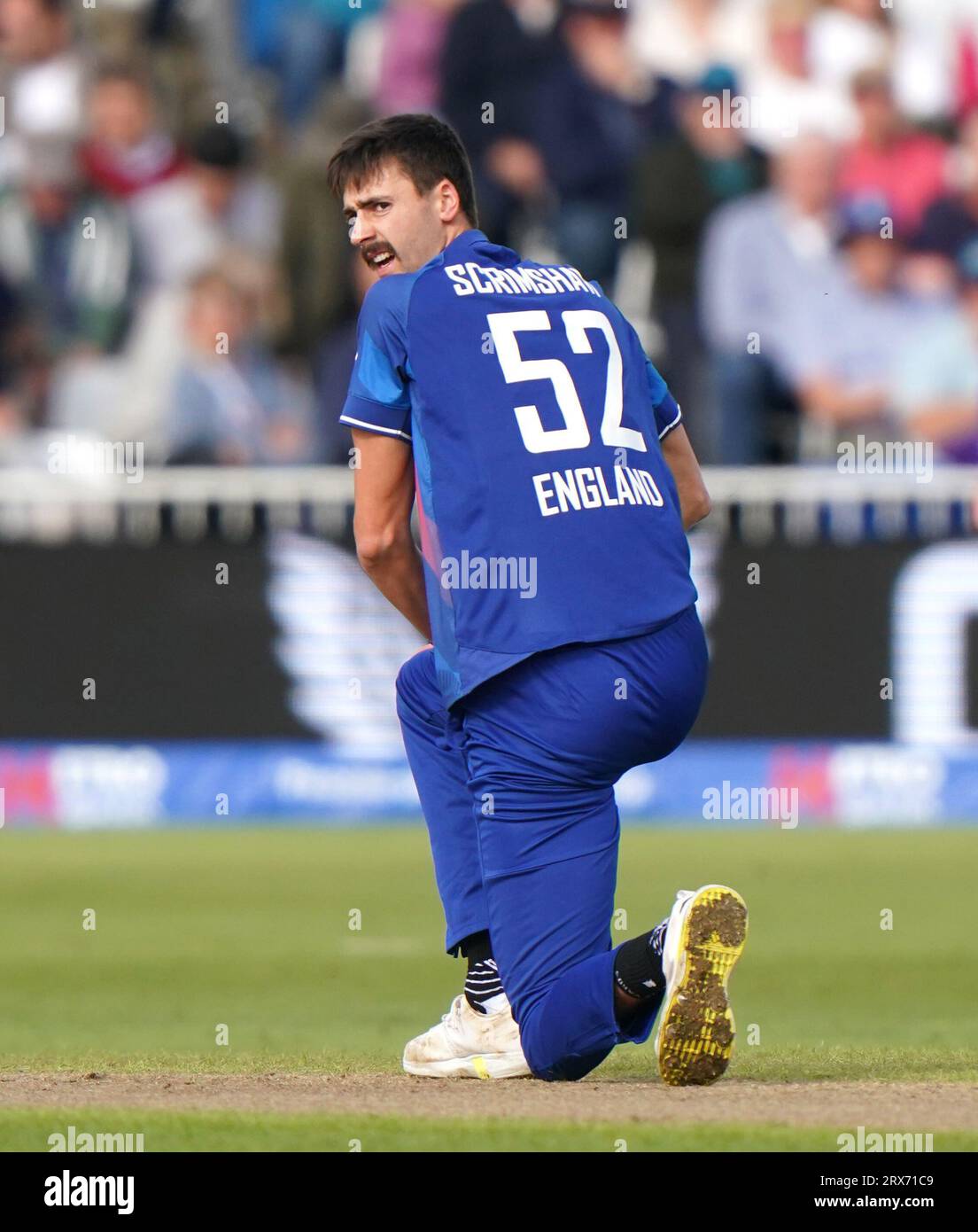 England's George Scrimshaw reacts after bowling a no-ball during the second Metro Bank One Day International match at Trent Bridge, Nottingham. Picture date: Saturday September 23, 2023. Stock Photo