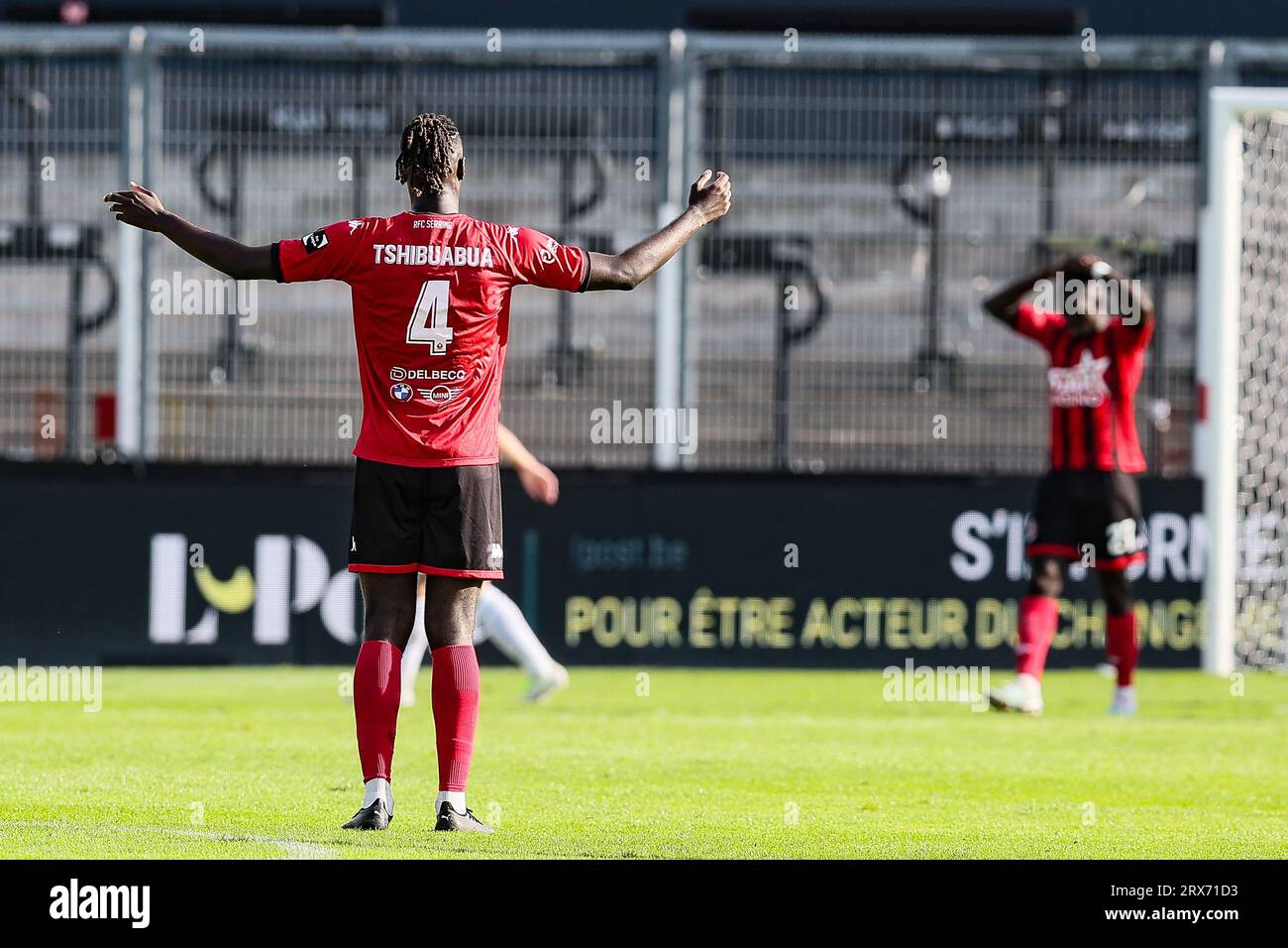 Seraing's Marvin Silver Tshibuabua reacts during a soccer match between RFC Seraing and RSCA Futures, Saturday 23 September 2023 in Seraing, on day 6/30 of the 2023-2024 'Challenger Pro League' second division of the Belgian championship. BELGA PHOTO BRUNO FAHY Stock Photo