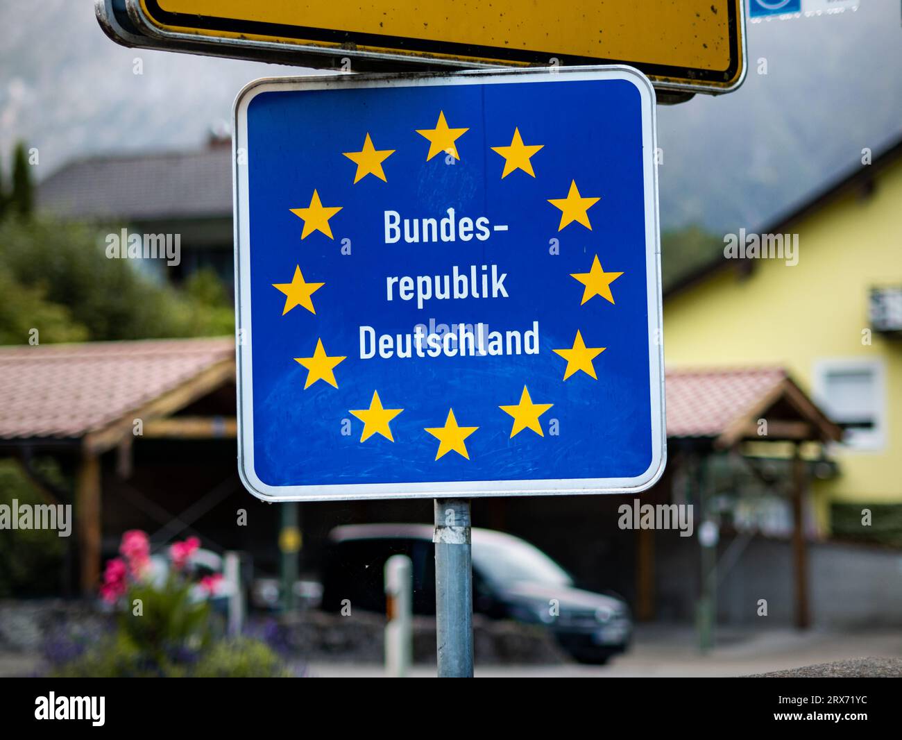 Bundesrepublik Deutschland (Federal Republic of Germany) sign at the border between Germany and Austria. Entry symbol when travelling within the EU. Stock Photo