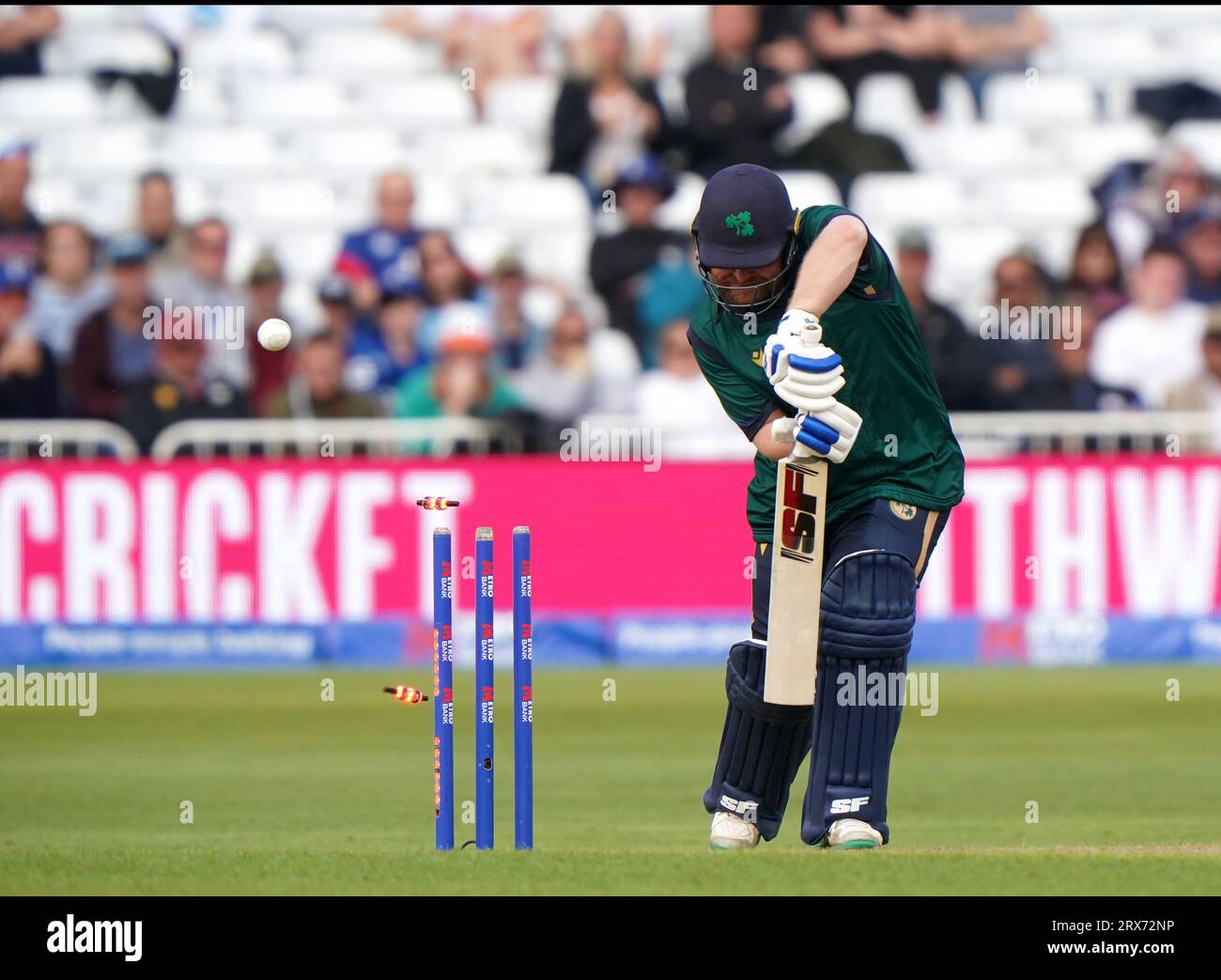 Ireland's Paul Stirling bowled out by England's Mtthew Potts (not pictured) during the second Metro Bank One Day International match at Trent Bridge, Nottingham. Picture date: Saturday September 23, 2023. Stock Photo