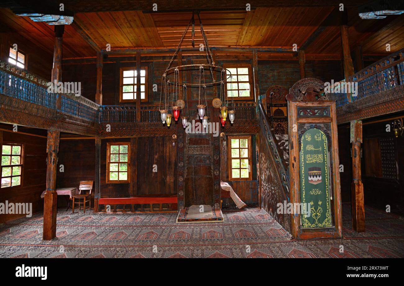 Duzkoy Mosque, located in Artvin, Turkey, was built in 1850. It is made entirely of wood. Stock Photo