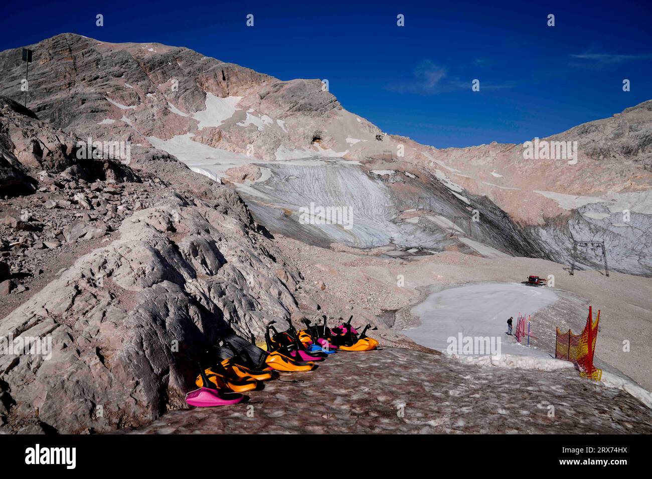 Sledges stand at a toboggan run for tourists at the Schneeferner