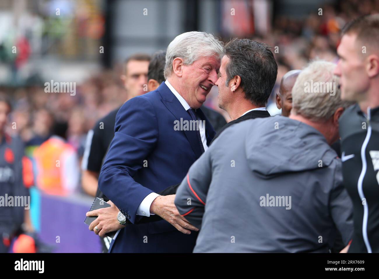 Selhurst Park, Selhurst, London, UK. 23rd Sep, 2023. Premier League Football, Crystal Palace versus Fulham; Crystal Palace manager Roy Hodgson embraces Fulham manager Marco Silva before the match Credit: Action Plus Sports/Alamy Live News Stock Photo