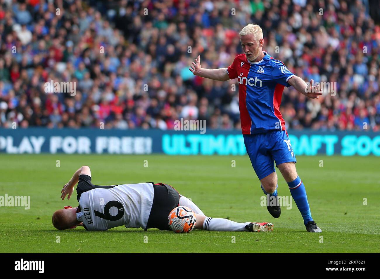 Selhurst Park, Selhurst, London, UK. 23rd Sep, 2023. Premier League Football, Crystal Palace versus Fulham; Harrison Reed of Fulham is fouled by Will Hughes of Crystal Palace Credit: Action Plus Sports/Alamy Live News Stock Photo
