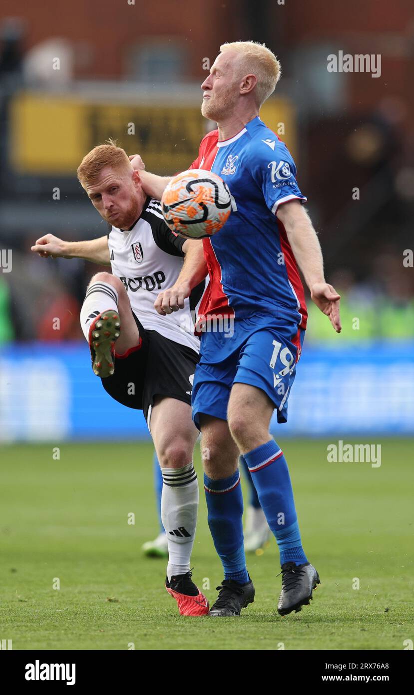 London, UK. 23rd Sep, 2023. Harrison Reed of Fulham tackles Will Hughes of Crystal Palace during the Premier League match at Selhurst Park, London. Picture credit should read: David Klein/Sportimage Credit: Sportimage Ltd/Alamy Live News Stock Photo